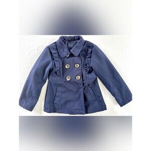 Cherokee Girls 4T Navy Blue Wool Blend Ruffle Peacoat Double Breasted Jacket
